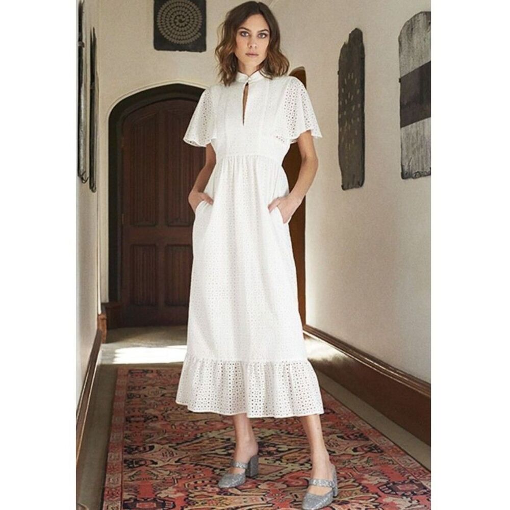 RARE Alexa Chung White Cotton Eyelt Fluttr Cape Midi Dress SZ EU 14 = US 10 2017 - Picture 2 of 16